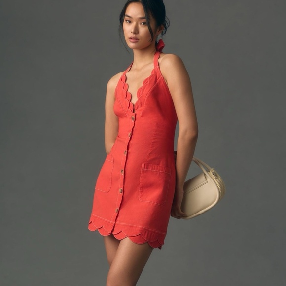 NWT   Anthropologie Maeve  Red Halter V-Neck Scallop Mini Dress Size 12 - Picture 1 of 8